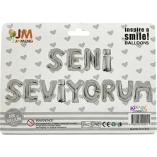 Party Country Folyo Balon -Seni Seviyorum Banner Gümüş- Ölçü: ( S:24X45 Cm; E: 22X44 Cm; N:37X35 Cm; I: 40X24 Cm; V: 42X38 Cm; Y:31X37,5CM; U:36X35 Cm; R:38X38CM; M:35X36 Cm; Noktalar: 13X13 cm )