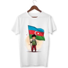 Alpşan Ticaret Azerbaycan Bayrağı Tutan Çocuk Baskılı Unisex Tişört Çocuk Yetişkin Azerbaycan Tişört