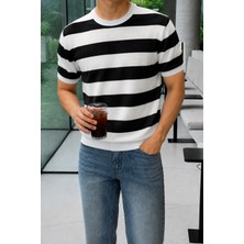 Tarz Cool Erkek Çizgili Triko Tişört Bisiklet Yaka Slim Fit Yazlık Ince Dokulu