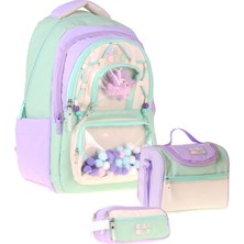 Calacilo Rainbow Lila Yeşil Renkli Lila - Yeşil Kız Çocuk Üçlü Ilkokul Okul Çantası Seti - SETCC-C4089A
