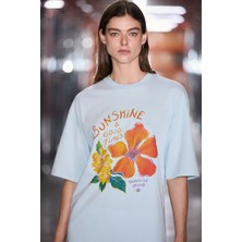 Grimelange Nıtza Kadın %100 Pamuk Oversize Bisiklet Yaka Açık Mavi T-Shirt