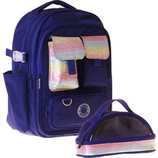Kaukko Navy Blue Rainbow Kız Çocuk Lacivert - Çok Renkli Okul Sırt Çantası ve Kalem Çantası Seti - SETKK-K1863C