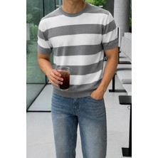 Tarz Cool Erkek Çizgili Triko Tişört Bisiklet Yaka Slim Fit Yazlık Ince Dokulu