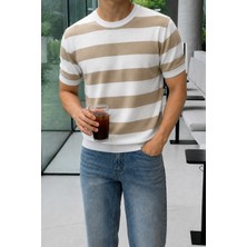 Tarz Cool Erkek Çizgili Triko Tişört Bisiklet Yaka Slim Fit Yazlık Ince Dokulu