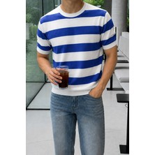 Tarz Cool Erkek Çizgili Triko Tişört Bisiklet Yaka Slim Fit Yazlık Ince Dokulu