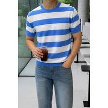 Tarz Cool Erkek Çizgili Triko Tişört Bisiklet Yaka Slim Fit Yazlık Ince Dokulu