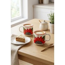 Evanilife 2'li Ayçiçeği Desenli Özel El Yapımı Seramik Kupa & Bardak Kabartmalı Desenli Kahve Kupası Latte