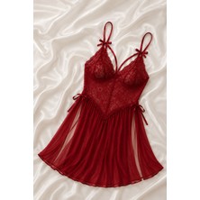 Çeyize Dair Herşey Kırmızı Dantel Detaylı Tül Babydoll Gecelik
