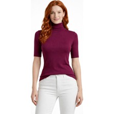 Neden Tekstil Kadın Mor Yarım Balıkçı Yaka Slim Fit Triko Bluz