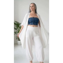 Byemelika %100 Pamuk, Bürümcük, Lastik Detay, Bohem Lidya Kaftan (Beyaz)