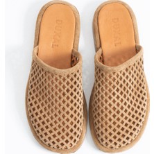 Duxal Shoes Donatella Hakiki Deri Lazer Kesim Nefes Alan Yumuşak Taban Kadın Terlik - Sandalet