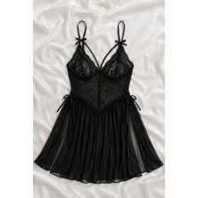 Çeyize Dair Herşey Siyah Dantel Detaylı Tül Babydoll Gecelik