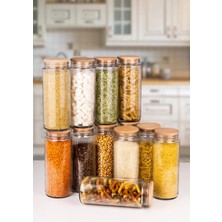 Naturelove 12 Adet Ahşap Vakumlu Kapaklı Cam Kavanoz ve Erzak Saklama Kabı ve Düzenleyici 1500 ml