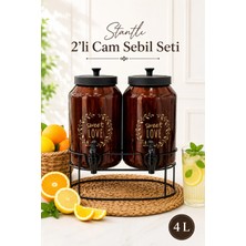 Naturelove Metal Stantlı 2'li Cam Sebil Seti - Musluklu Amber Cam Damacana Şerbetlik Ayaklı Meşrubat Sunumluk Yağdanlık