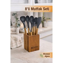 Naturelove 8 Parça Mutfak Seti – Akasya Saplı Silikon Kepçe & Spatula & Çırpıcı Seti Tezgah Üstü Kaşıklık Siyah