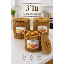Naturelove 3'lü Hasır Kapaklı Patates Soğan Sepeti Seti | Rattan Görünümlü Çok Amaçlı Mutfak Sepeti