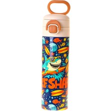 Kaukko Kids 520 ml Süpar Köpekbalığı Baskılı Yeşil - Lacivert Erkek Çocuk Çelik Termos Matara (Çift Içim Kilitli Kapak) - L5357