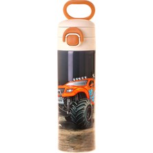 Kaukko Kids 520 ml Arazi Aracı Baskılı Siyah - Kırmızı Erkek Çocuk Çelik Termos Matara (Çift Içim Kilitli Kapak) - L5362