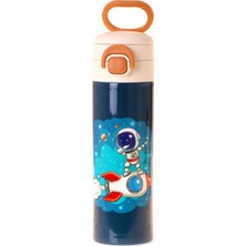 Kaukko Kids 520 ml Astronot Baskılı Lacivert Erkek Çocuk Çelik Termos Matara (Çift Içim Kilitli Kapak) - L5367
