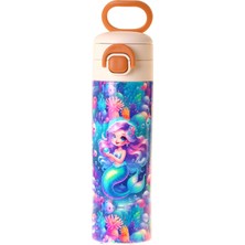 Kaukko Kids 520 ml Mercan ve Denizkızı Baskılı Pembe - Mavi Kız Çocuk Çelik Termos Matara (Çift Içim Kilitli Kapak) - L5326