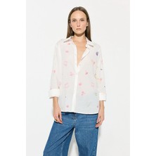 Gusto Iz Koleksiyonu Eco Print Pamuk Vual Gömlek - Beyaz