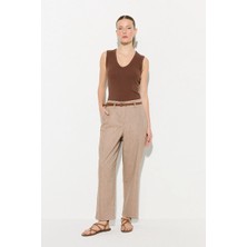 Gusto Beli Kemerli Koton Keten Sigaret Pantolon - Kahverengi