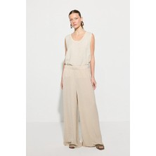 Gusto Beli Lastikli Cupra Saten Bol Paça Pantolon - Taş