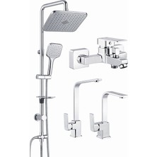 Viosa Krom Kare Model Yağmurlama Tepe Duş Seti Banyo Mutfak Lavabo 4'lü Batarya Musluk Seti