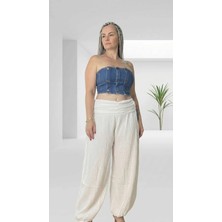 Byemelika %100 Pamuk, Bürümcük, Paça Lastik Detay Bohem Pantolon (Beyaz)