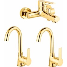 Viosa Gold Altın Mutfak Lavabo Banyo 3'lü Batarya Musluk Seti 5 Yıl Garantili