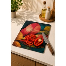 Emba Home Cam Kesme Tahtası 25X35 cm Yaprak Desenli Kaydırmaz Ayaklı Dekoratif Sunum ve Kesim Tahtası