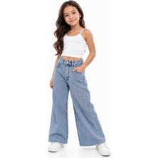 Babido Kız Çocuk Bol Paça Jean Pantolon Wide Leg %100 Pamuklu Rahat Kesim Günlük Denim Pantolon Açık Mavi