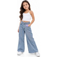 Babido Kız Çocuk Bol Paça Jean Pantolon Wide Leg %100 Pamuklu Rahat Kesim Günlük Denim Pantolon Açık Mavi