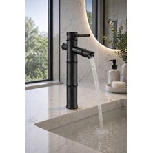Viosa Lüx Premium Siyah Bambu Çanak Lavabo Bataryası Eskitme Hissiyatlı Uyumlu Mat Siyah Musluk