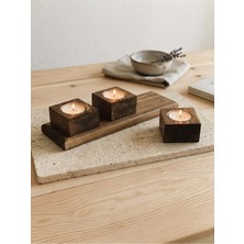 Doku Ahşap Ahşap Kare Mumluk Seti 3’lü Tealight Uyumlu Dekoratif Doğal Ahşap Mumluk ve Stand Seti