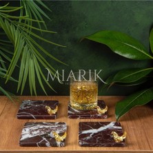 Miarik Design Mermer Bardak Altlığı 4'lü Kare Bordo Renk Pırınç Gold Kus Aksesuarlı