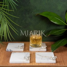 Miarik Design Mermer Bardak Altlığı 4'lü Kare Leylak Renk Pırınç Gümüş Kus Aksesuarlı