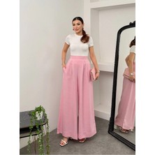 Hatun Atila Pileli Arka Beli Lastikli Geniş Paça Filamlı Keten Palazzo Pantolon 8980 - Pembe