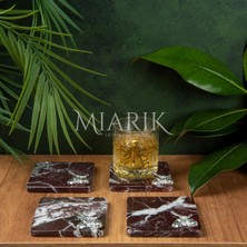 Miarik Design Mermer Bardak Altlığı 4'lü Kare Bordo Renk Pırınç Gümüş Fındık Aksesuarlı
