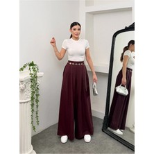 Hatun Atila Pileli Arka Beli Lastikli Geniş Paça Filamlı Keten Palazzo Pantolon 8980 - Mürdüm