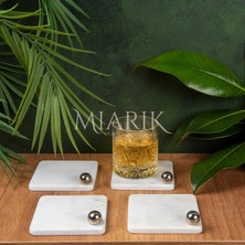 Miarik Design Mermer Bardak Altlığı 4'lü Kare Beyaz Renk Pırınç Gümüş Top Aksesuarlı