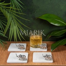 Miarik Design Mermer Bardak Altlığı 4'lü Kare Beyaz Renk Pırınç Gümüş Fıl Aksesuarlı