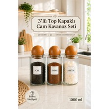 Nyl Home 3'lü 1000 ml Ahşap Top Kapaklı Cam Kavanoz Seti Çerezlik Baharatlık Mantar Top Kapaklı Saklama Kabı