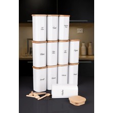 Nyl Home 12'li 250 ml Vakumlu Bambu Ahşap Kapaklı Porselen Görünümlü Akrilik Baharatlık Kaşık Etiket Hediyeli