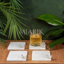 Miarik Design Mermer Bardak Altlığı 4'lü Kare Beyaz Renk Pırınç Gümüş Kus Aksesuarlı