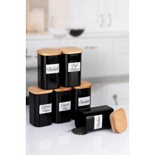 Nyl Home 6'lı 250 ml Vakumlu Bambu Ahşap Kapaklı Siyah Akrilik Baharatlık Seti Etiket Hediyeli
