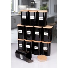 Nyl Home 12'li 250 ml Vakumlu Bambu Ahşap Kapaklı Siyah Akrilik Baharatlık Seti Etiket Hediyeli