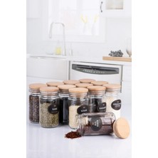 Nyl Home 12'li Ahşap Vakumlu Kapaklı 300 cc Etiketli Cam Baharatlık Doğal Ahşap Kapaklı Etiketli Boru Tipi