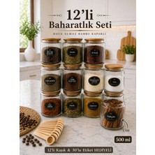 Nyl Home 12'li Dekoratif Mutfak Düzenleyici Cam Baharatlık - Kaşıklı Bambu Hava Almaz Kapaklı Baharat Seti - Etiket Hediyeli 500ML