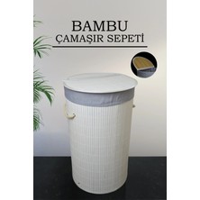 Nyl Home Bambu Katlanabilir Çamaşır Sepeti - Yuvarlak Banyo Kirli Sepeti Çok Amaçlı Düzenleyici 35X60CM Beyaz